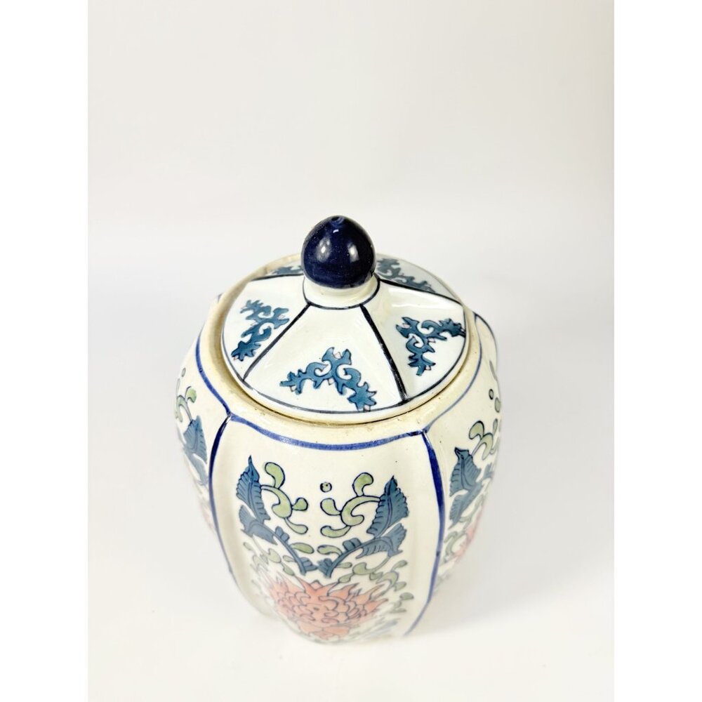 Ginger Temple Jar Lidded Vintage Chinoiserie Blue White Pink Rose pattern Home S - Picture 4 of 16